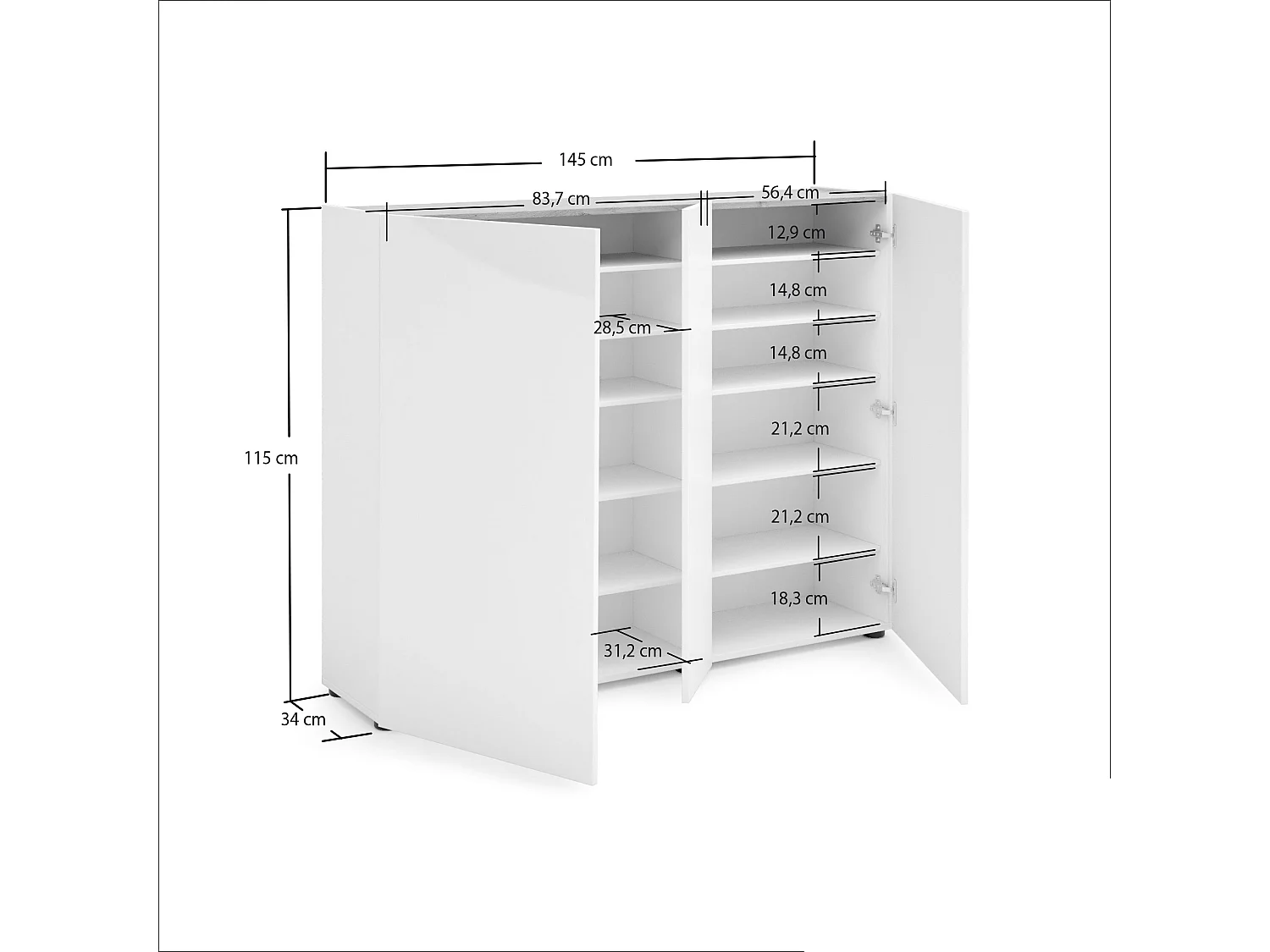 Meuble à chaussures Letaba, Meuble à chaussures, Armoire d'entrée polyvalente, Rangement pour chaussures, Made in Italy, 145x35h115 cm, Blanc brillant et chêne