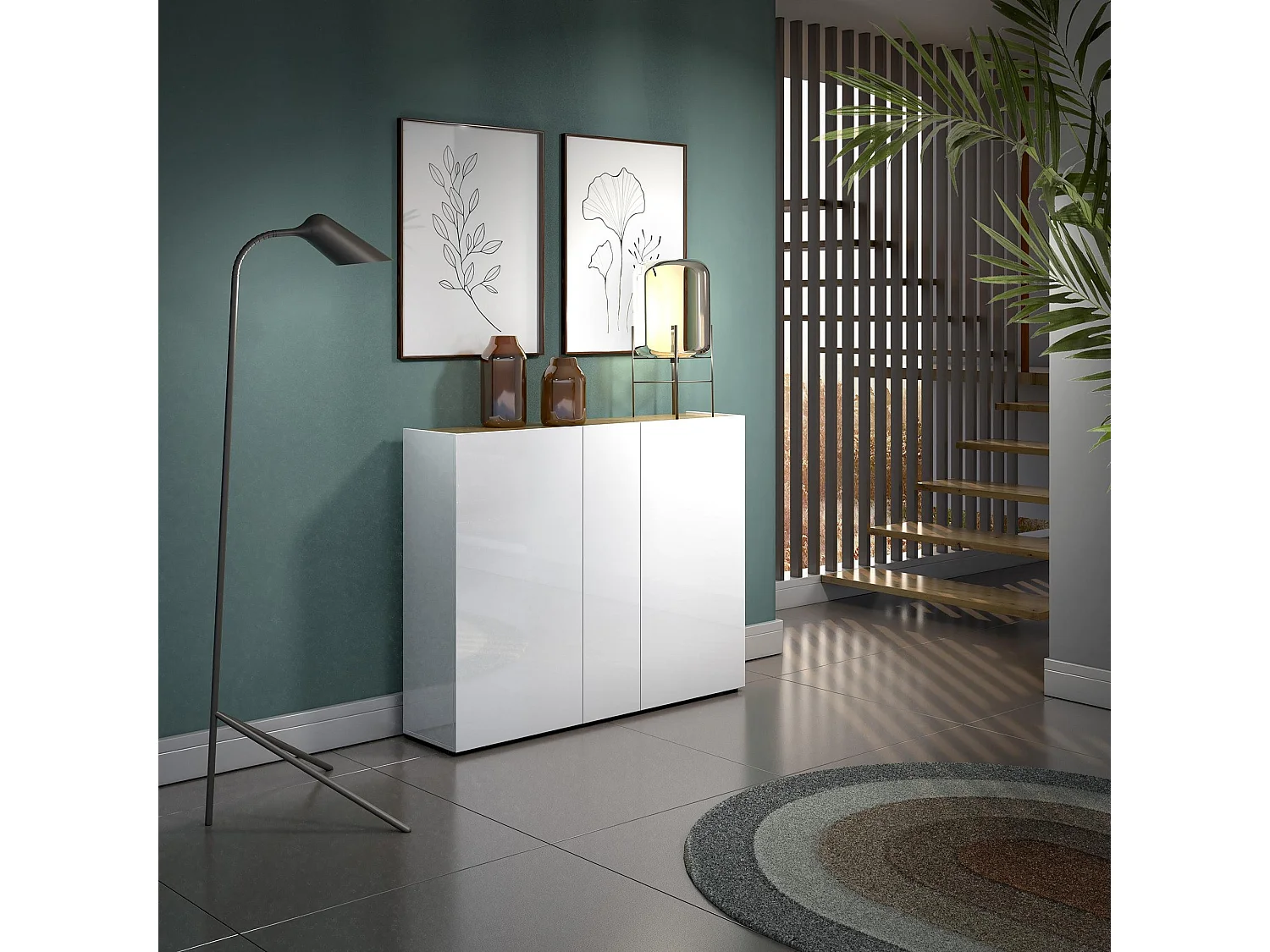 Meuble à chaussures Letaba, Meuble à chaussures, Armoire d'entrée polyvalente, Rangement pour chaussures, Made in Italy, 145x35h115 cm, Blanc brillant et chêne