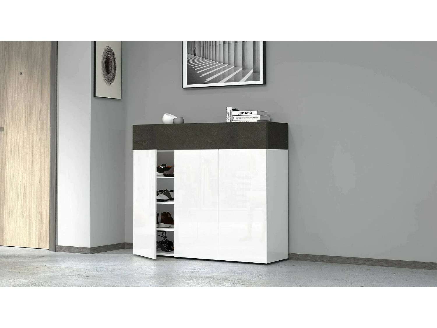 Étagère à chaussures Nick, étagère à chaussures peu encombrante à 4 portes, armoire d'entrée multifonctionnelle, 114x38h100 cm, Blanc et Ardoise