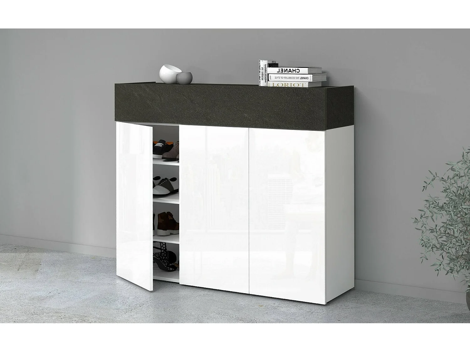 Étagère à chaussures Nick, étagère à chaussures peu encombrante à 4 portes, armoire d'entrée multifonctionnelle, 114x38h100 cm, Blanc et Ardoise