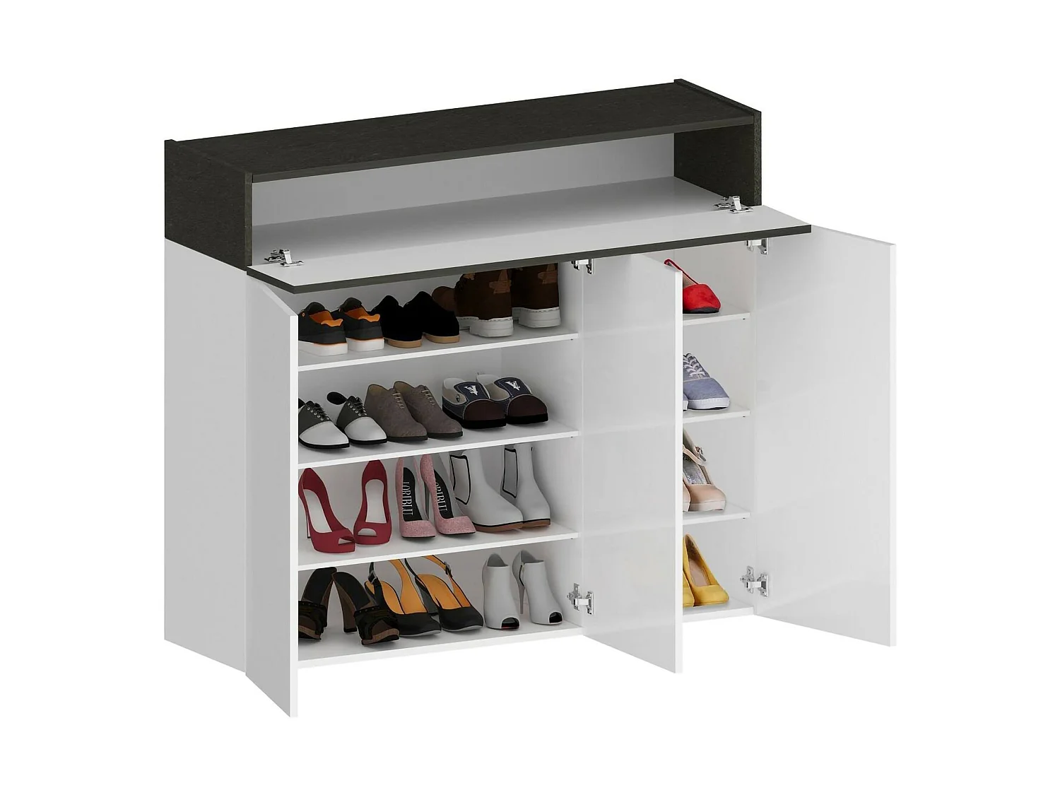 Étagère à chaussures Nick, étagère à chaussures peu encombrante à 4 portes, armoire d'entrée multifonctionnelle, 114x38h100 cm, Blanc et Ardoise