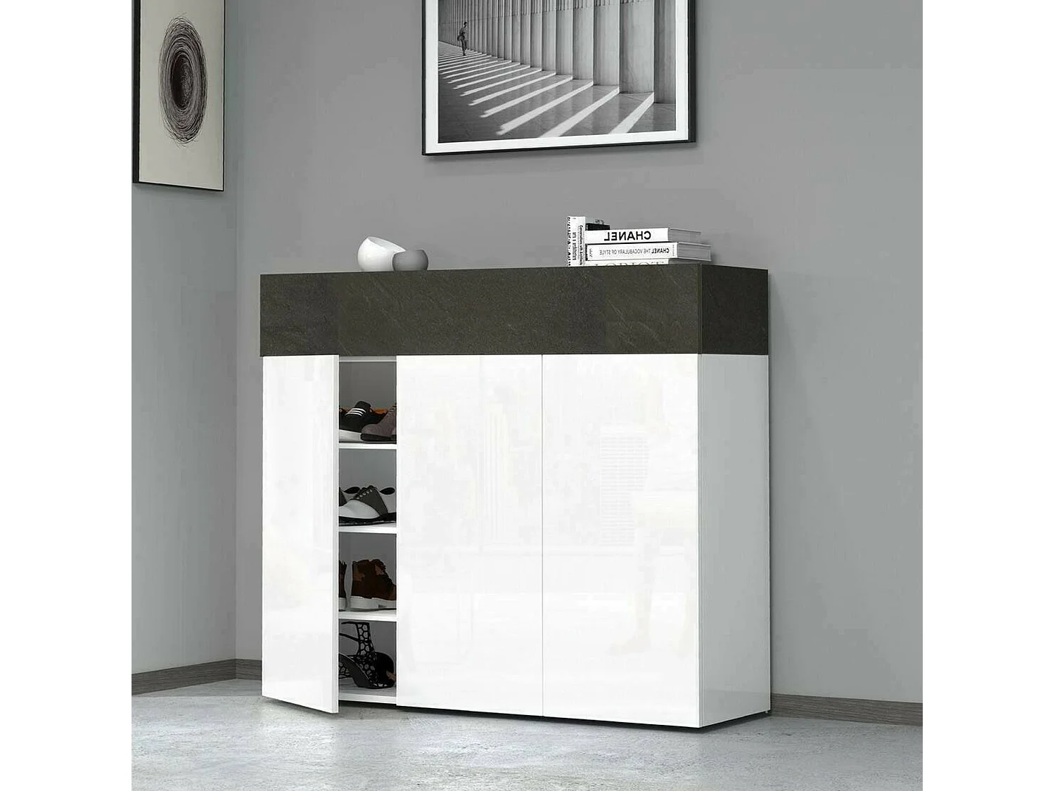 Étagère à chaussures Nick, étagère à chaussures peu encombrante à 4 portes, armoire d'entrée multifonctionnelle, 114x38h100 cm, Blanc et Ardoise