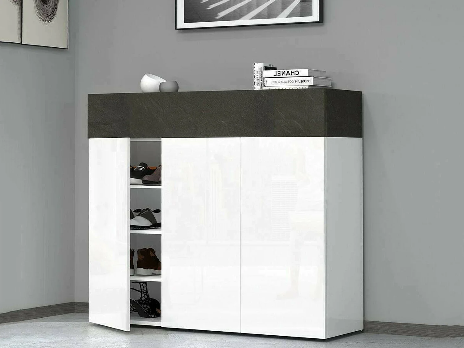 Étagère à chaussures Nick, étagère à chaussures peu encombrante à 4 portes, armoire d'entrée multifonctionnelle, 114x38h100 cm, Blanc et Ardoise