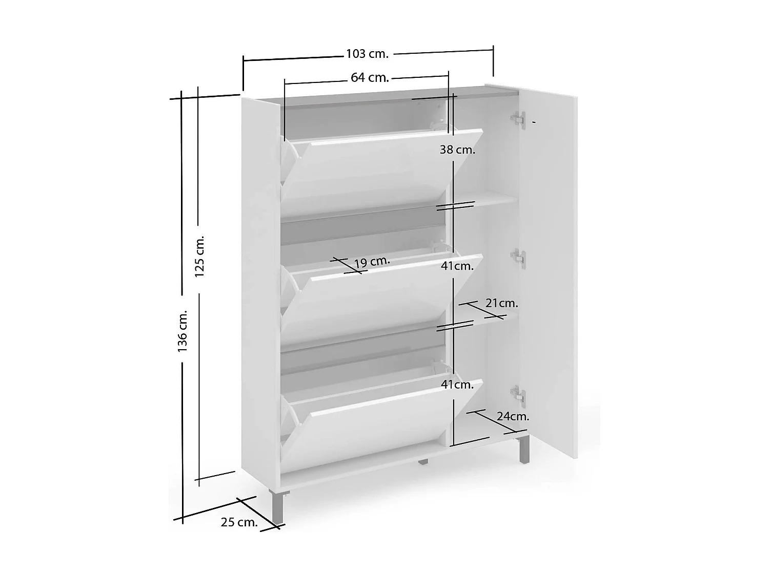 Schuhschrank Daquilan, Schuhregal, Mehrzweck-Eingangsgarderobe, Möbel für Schuhe, Made in Italy, 103x25h136 cm, Glänzendes WeiÃŸ