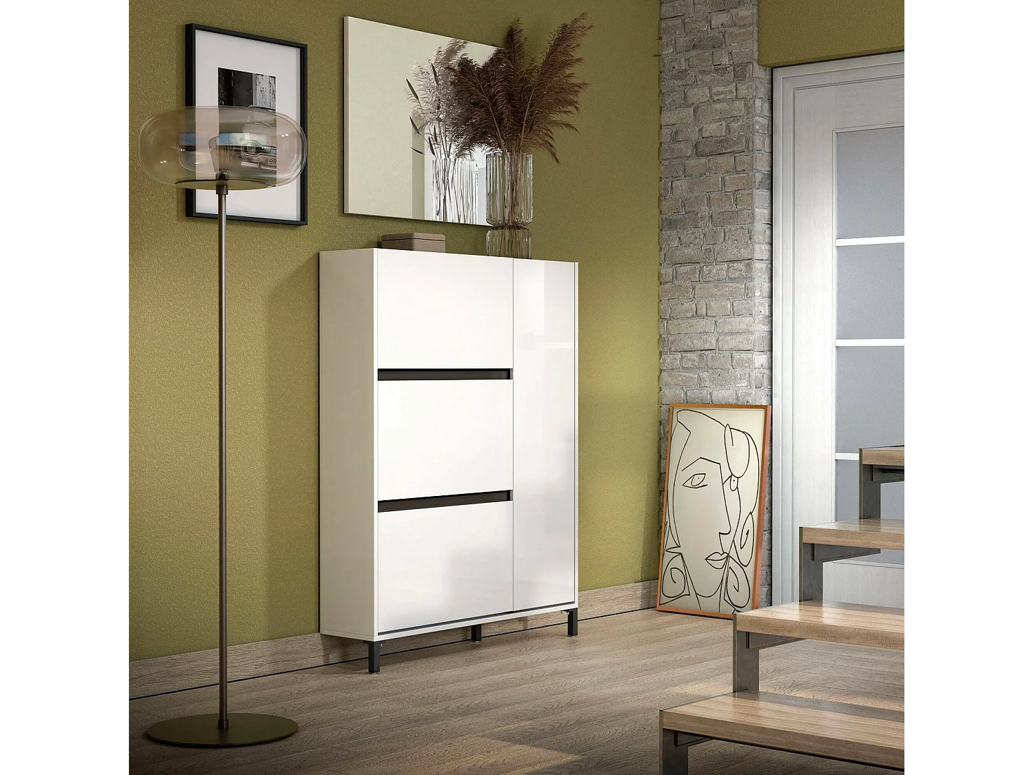 Schuhschrank Daquilan, Schuhregal, Mehrzweck-Eingangsgarderobe, Möbel für Schuhe, Made in Italy, 103x25h136 cm, Glänzendes WeiÃŸ