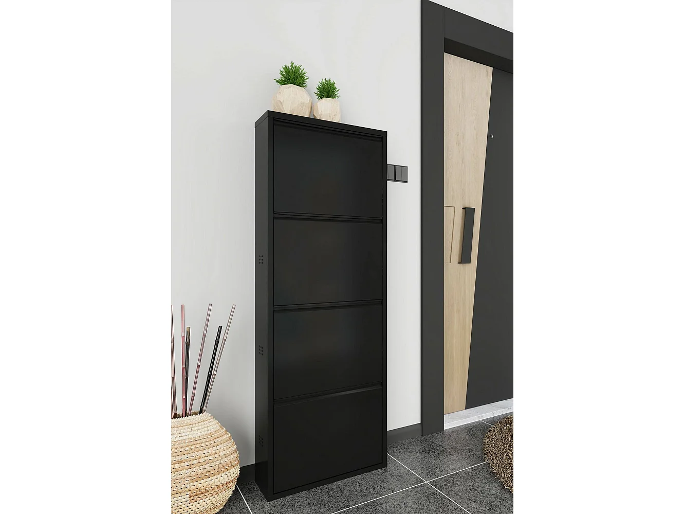Meuble à chaussures Gonzalo, Meuble à chaussures en métal, Armoire d'entrée polyvalente, Rangement pour chaussures, 50x15h138 cm, Noir