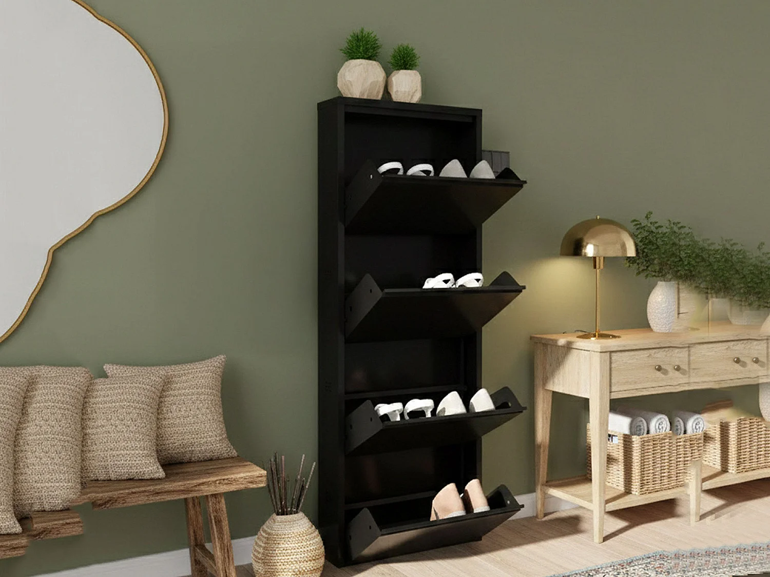 Meuble à chaussures Gonzalo, Meuble à chaussures en métal, Armoire d'entrée polyvalente, Rangement pour chaussures, 50x15h138 cm, Noir