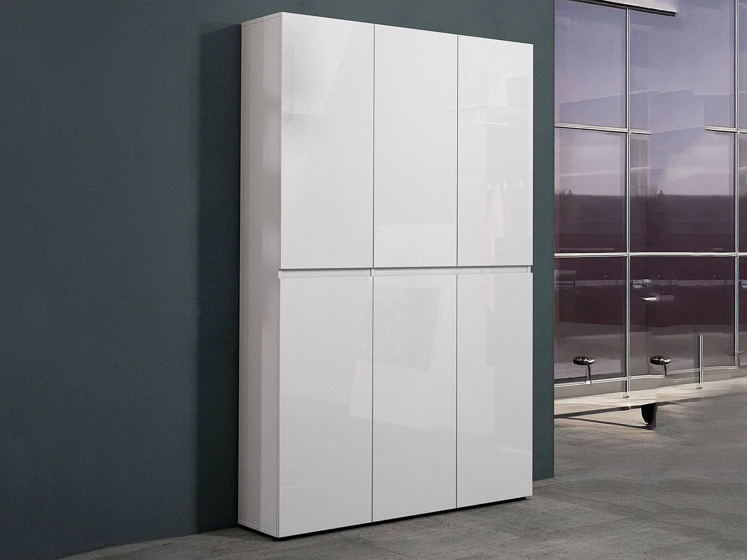 Meuble à chaussures Paarl, Meuble à chaussures, Armoire d'entrée polyvalente, Rangement pour chaussures, Made in Italy, 122x34h200 cm, Blanc brillant