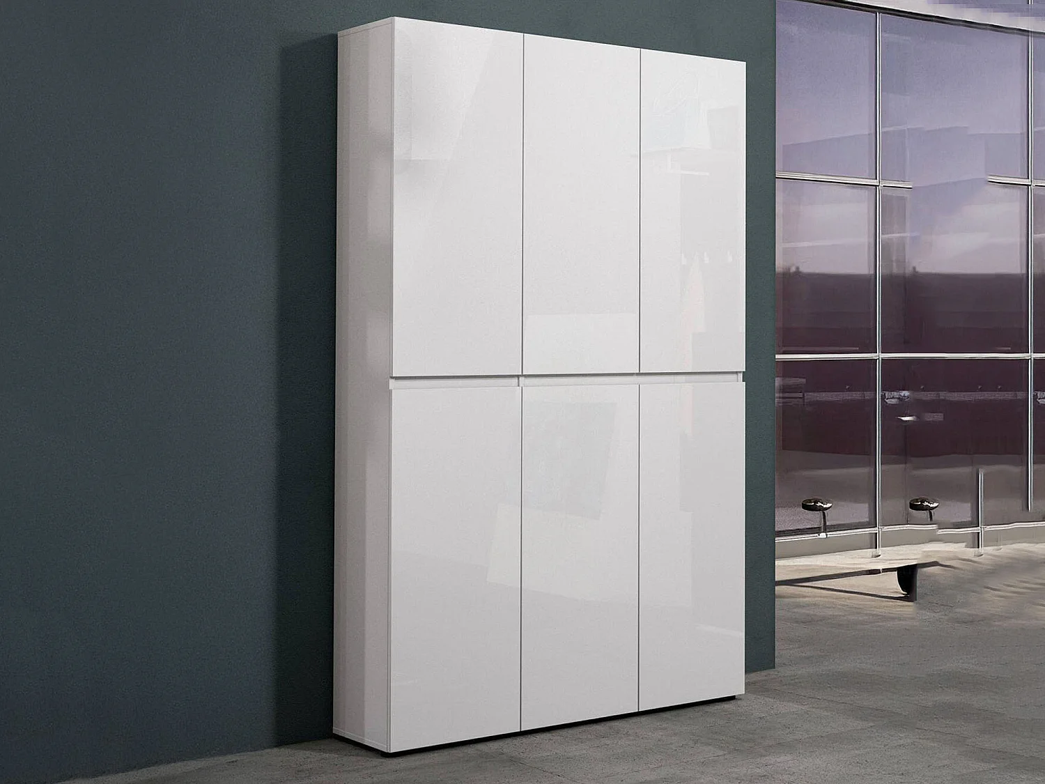 Meuble à chaussures Paarl, Meuble à chaussures, Armoire d'entrée polyvalente, Rangement pour chaussures, Made in Italy, 122x34h200 cm, Blanc brillant