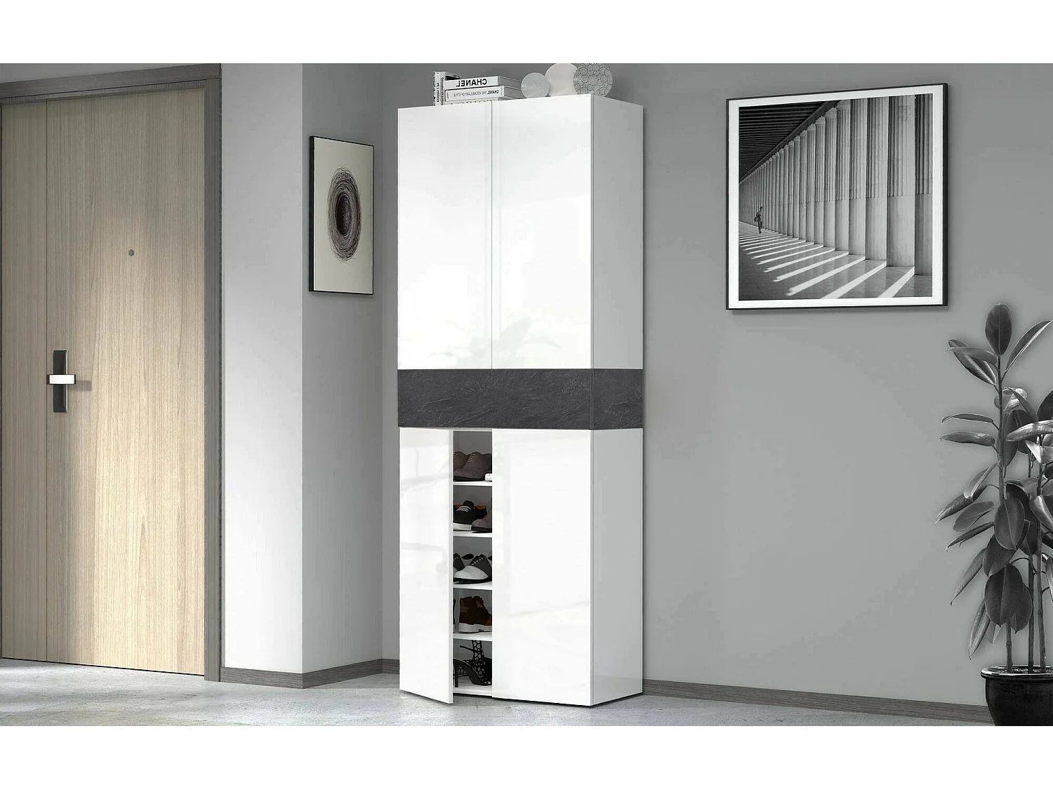 Étagère à chaussures Moris, étagère à chaussures peu encombrante à 5 portes, armoire d'entrée multifonctionnelle, 76x38h200 cm, Blanc et Ardoise
