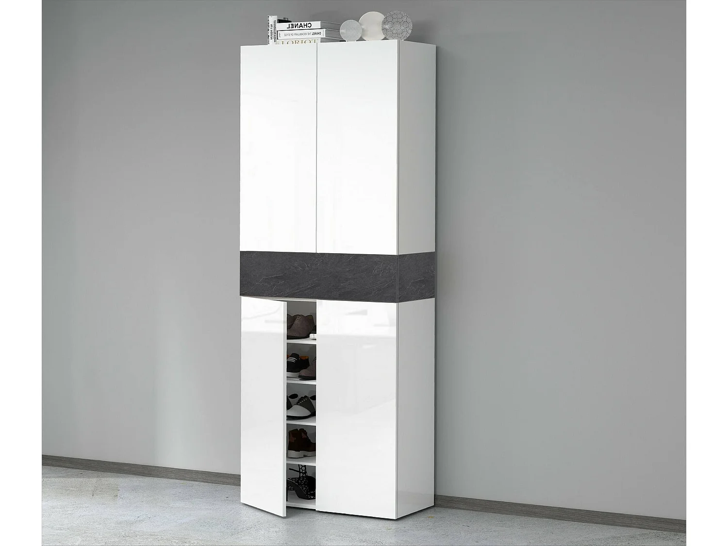 Schuhregal Dcandelar, platzsparendes schuhregal mit 5 türen, multifunktionale eingangsgarderobe, 76x38h200 cm, WeiÃŸ und Schiefer