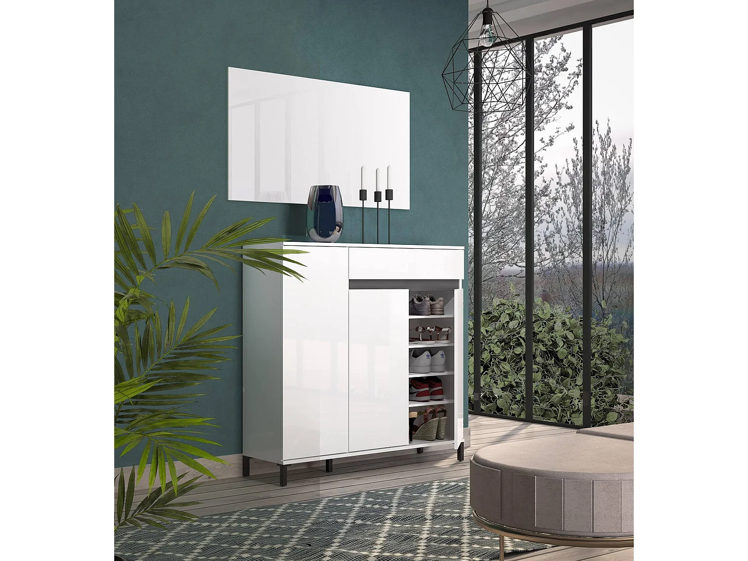 Dcapradoss Schoenenrek, Schoenenrek Kast, Multifunctionele Entree Kast, Schoenenkast, Gemaakt in Italië, 120x34h115 cm, Glanzend Wit en Antraciet