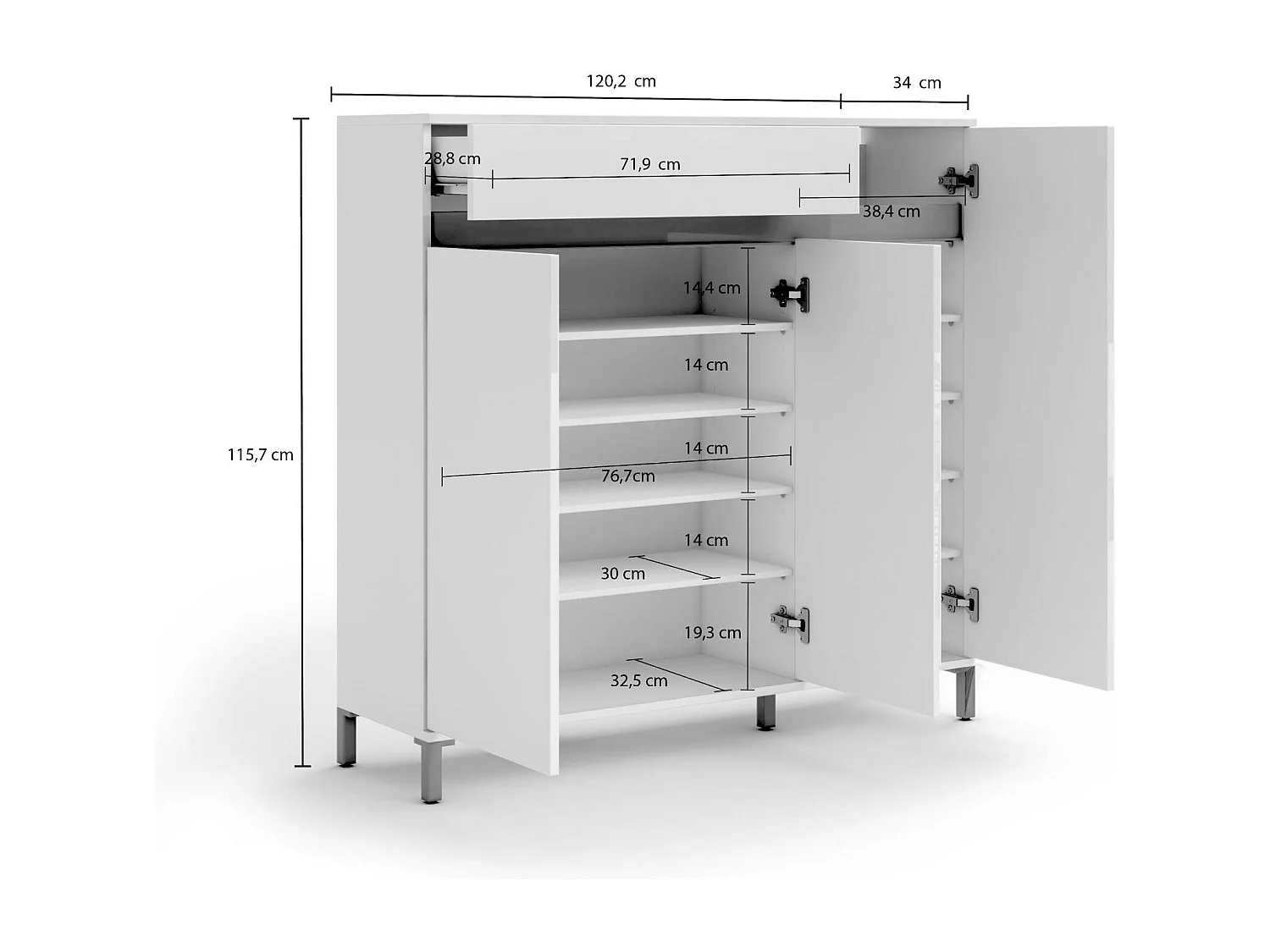 Dcapradoss Schoenenrek, Schoenenrek Kast, Multifunctionele Entree Kast, Schoenenkast, Gemaakt in Italië, 120x34h115 cm, Glanzend Wit en Antraciet