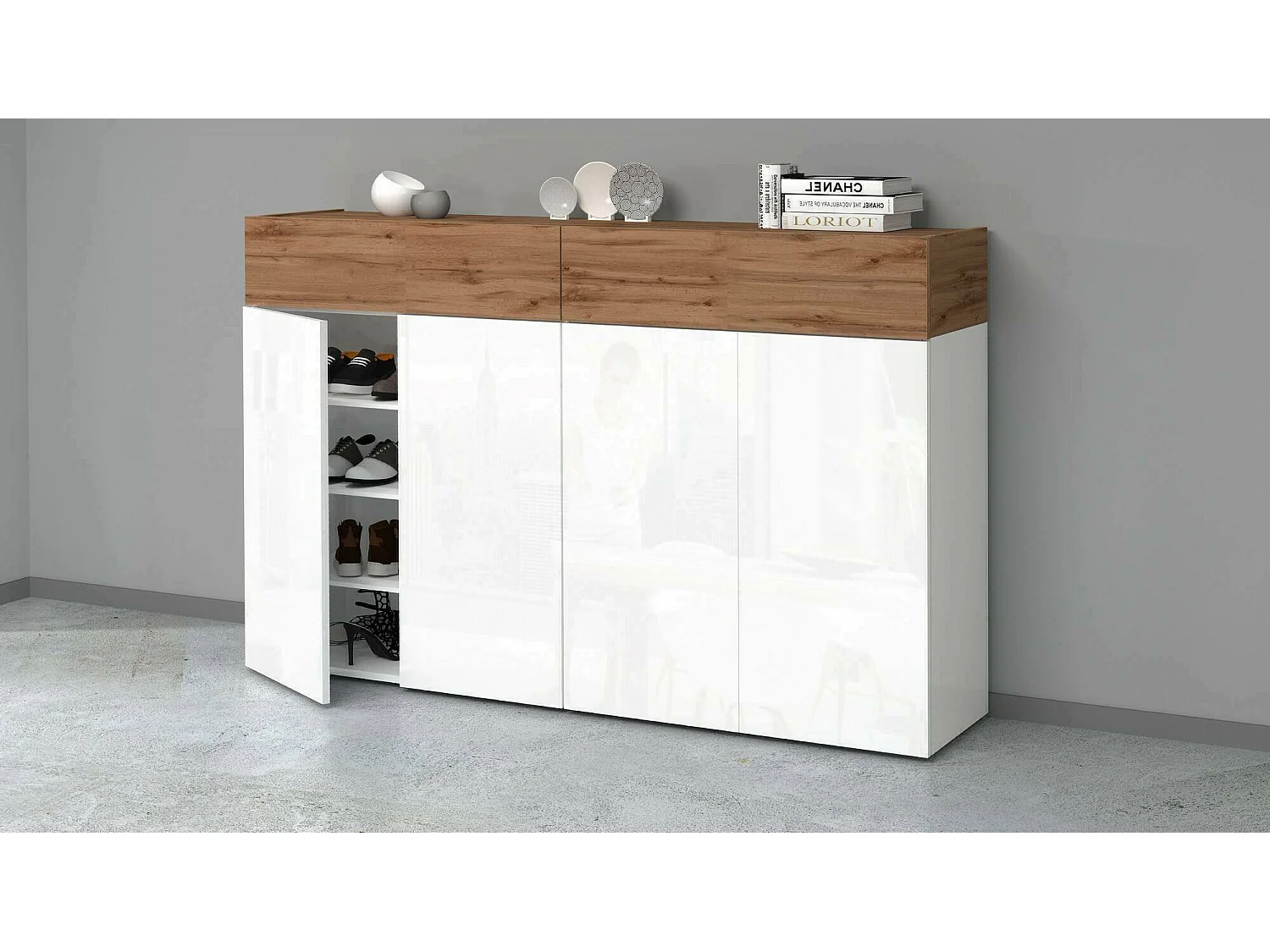 Schuhregal Dcandrev, platzsparendes schuhregal mit 6 türen, multifunktionale eingangsgarderobe, 154 x 38 x 100 cm, weiÃŸ und eiche