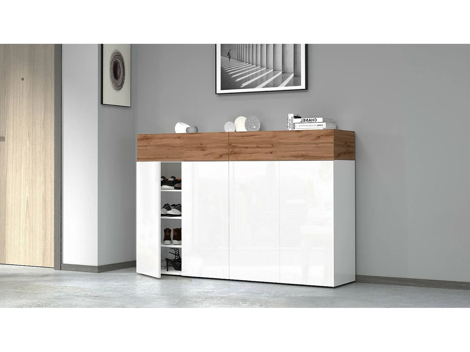 Étagère à chaussures Nadir, étagère à chaussures peu encombrante à 6 portes, armoire d'entrée multifonctionnelle, 154x38h100 cm, blanc et chêne