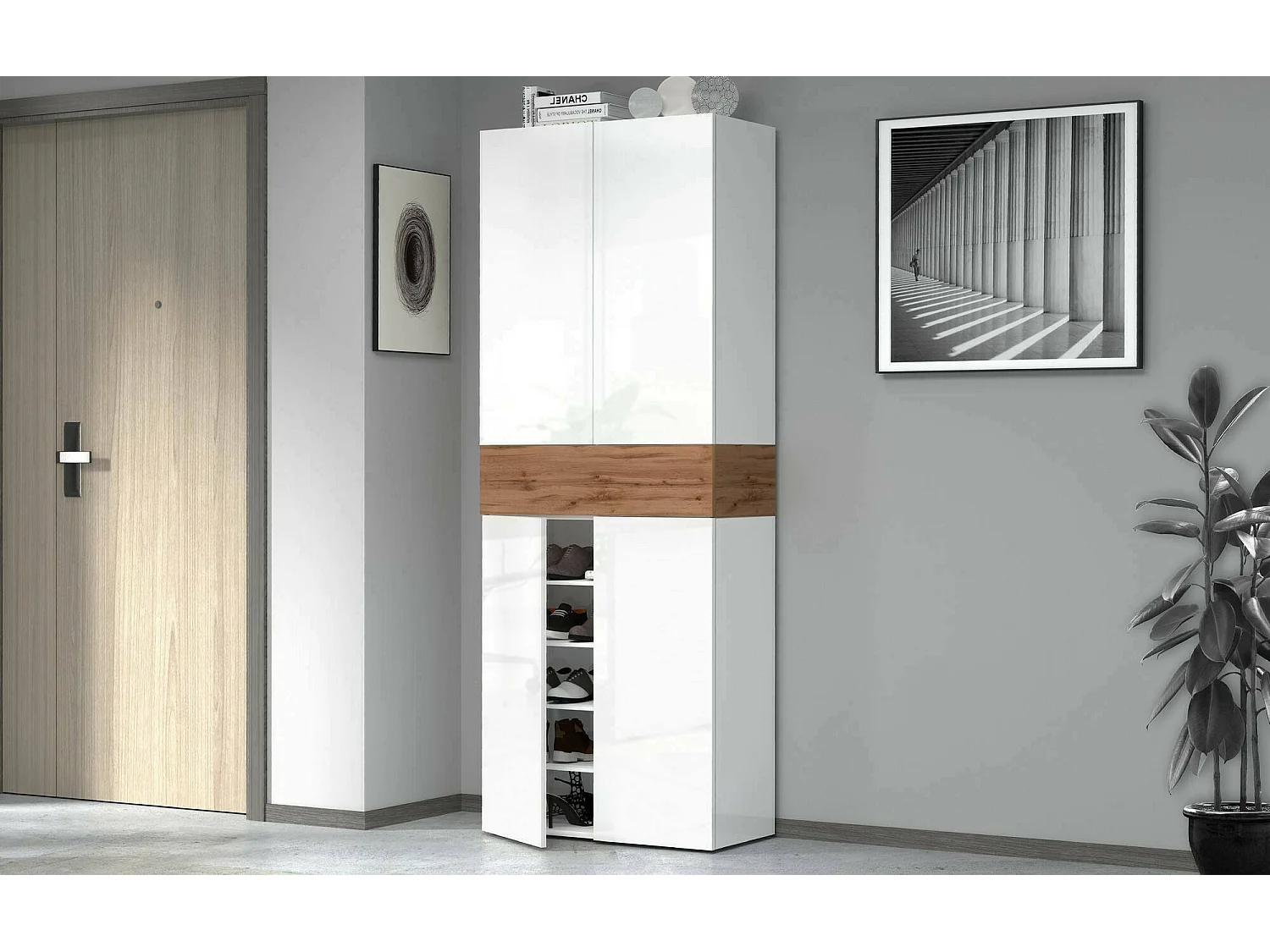 Dcandelar Schoenenrek, 5-deurs Ruimtebesparend Schoenenrek, AMultifunctioneel entreekozijn, 76x38h200 cm, Wit en Eiken