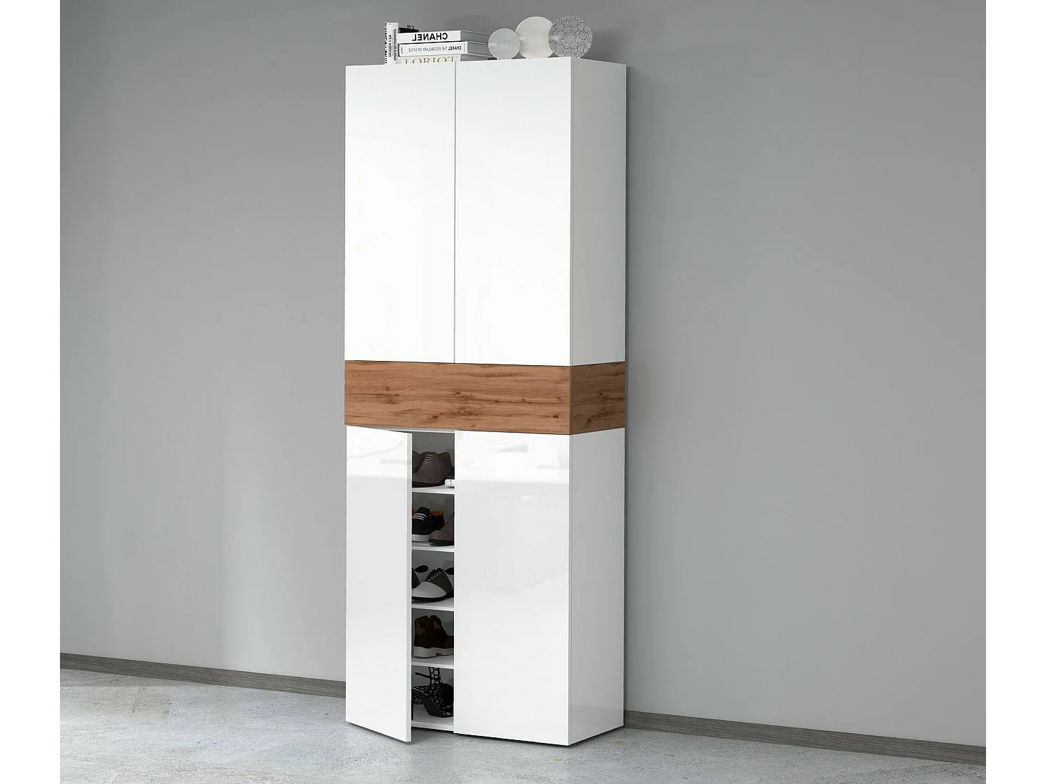 Étagère à chaussures Moris, étagère à chaussures peu encombrante à 5 portes, armoire d'entrée multifonctionnelle, 76x38h200 cm, blanc et chêne
