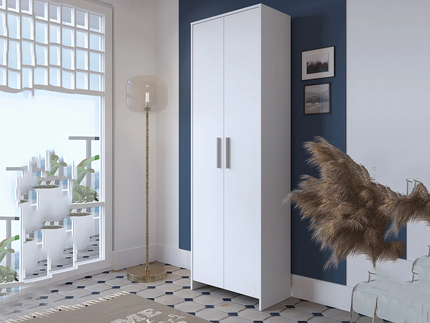 Meuble à chaussures Ionio, Meuble à chaussures, Armoire d'entrée polyvalente, Rangement pour chaussures, 65x38h197 cm, Blanc