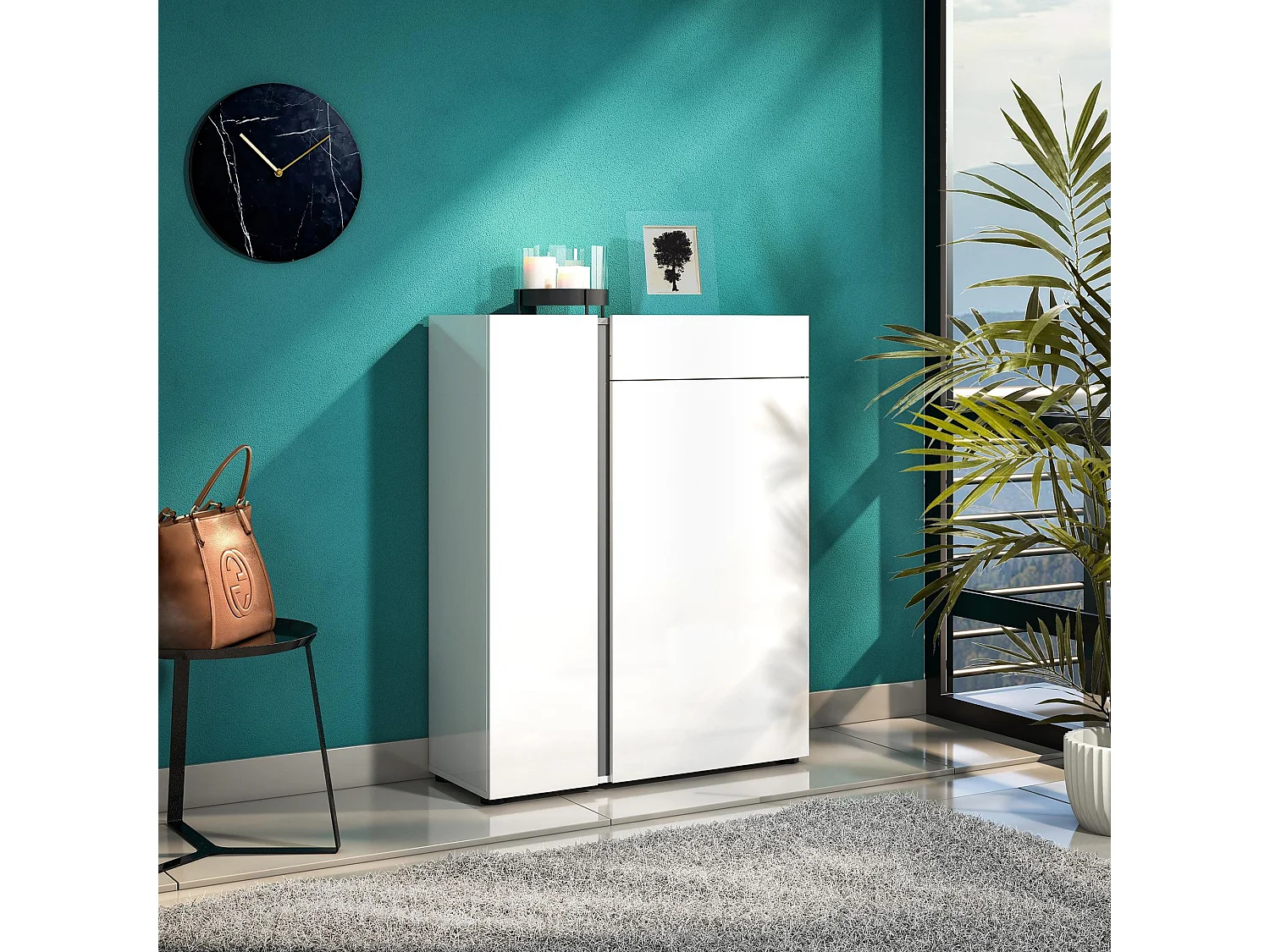Meuble à chaussures Cairo, Meuble à chaussures, Armoire d'entrée polyvalente, Rangement pour chaussures, Made in Italy, 91x33h115 cm, Blanc brillant et anthracite
