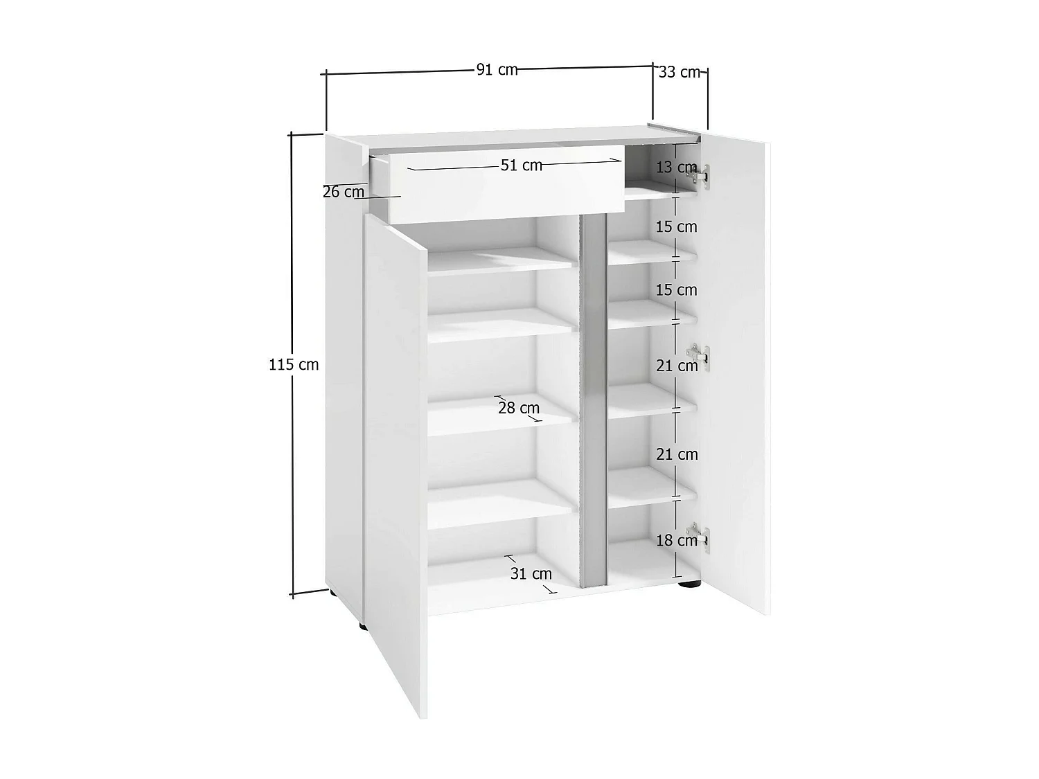 Meuble à chaussures Cairo, Meuble à chaussures, Armoire d'entrée polyvalente, Rangement pour chaussures, Made in Italy, 91x33h115 cm, Blanc brillant et anthracite