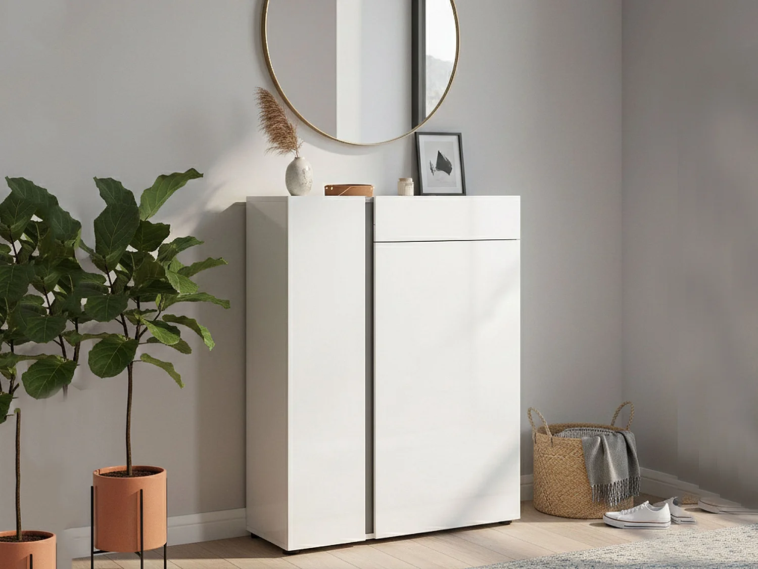 Meuble à chaussures Cairo, Meuble à chaussures, Armoire d'entrée polyvalente, Rangement pour chaussures, Made in Italy, 91x33h115 cm, Blanc brillant et anthracite