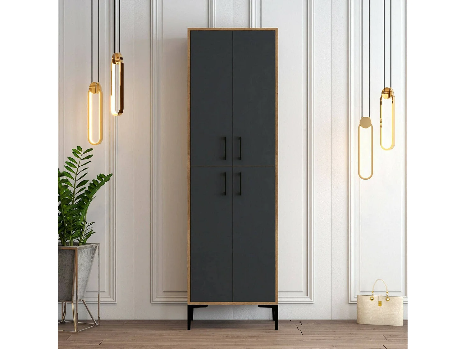 Meuble à chaussures Mimosa, Meuble à chaussures, Armoire d'entrée polyvalente, Rangement pour chaussures, 60x35h200 cm, Noyer et Anthracite