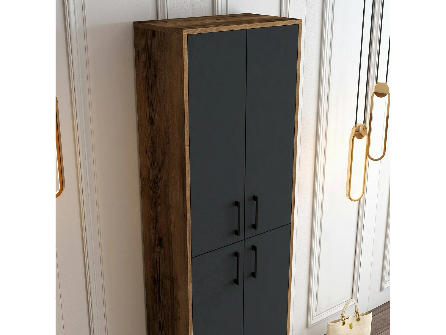 Meuble à chaussures Mimosa, Meuble à chaussures, Armoire d'entrée polyvalente, Rangement pour chaussures, 60x35h200 cm, Noyer et Anthracite