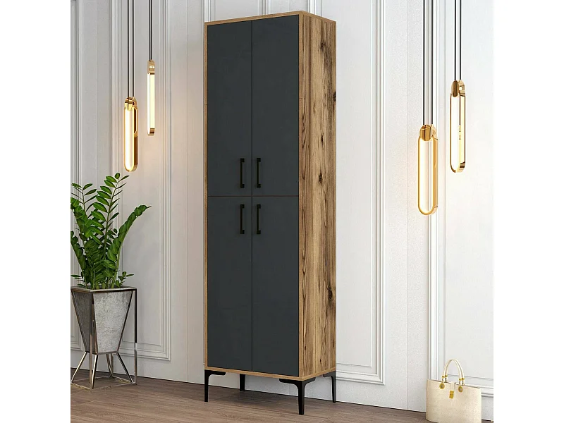 Meuble à chaussures Mimosa, Meuble à chaussures, Armoire d'entrée polyvalente, Rangement pour chaussures, 60x35h200 cm, Noyer et Anthracite