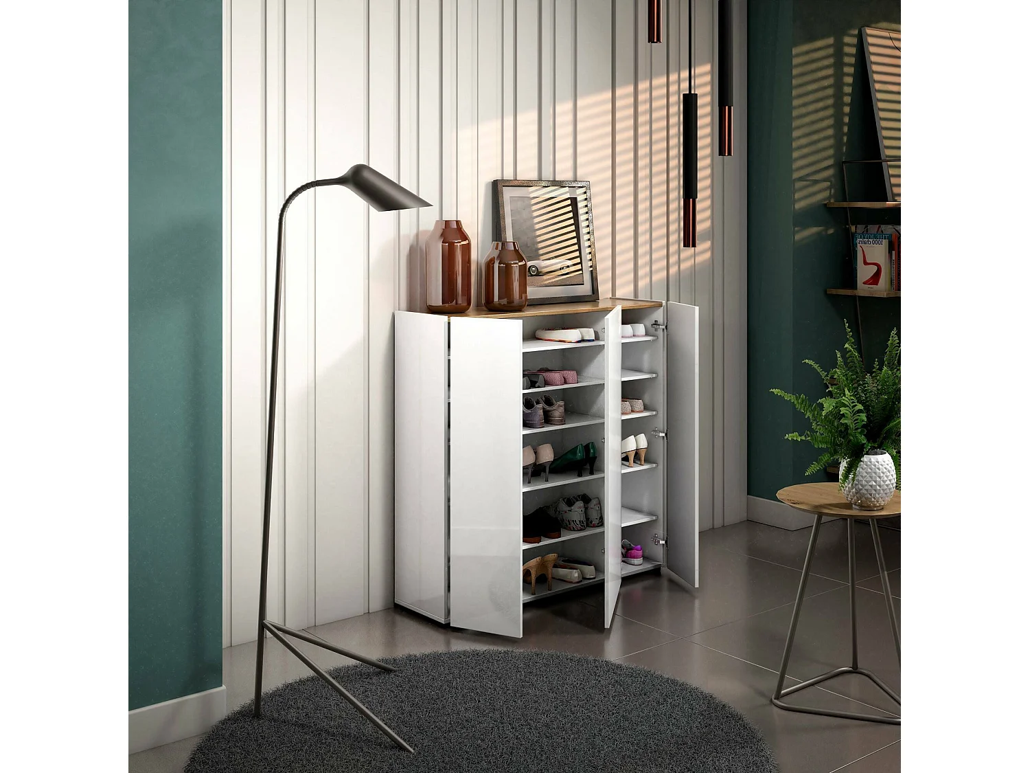 Zapatero Dgarritan, Zapatero, Armario de entrada multiusos, Zapatero, Made in Italy, 116x35h115 cm, Blanco brillante y Roble