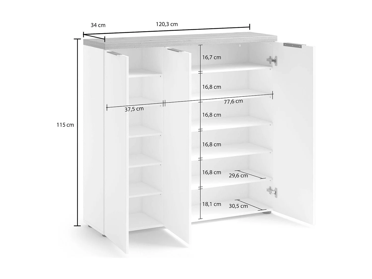 Dmora - Scarpiera Aspidistra, 122x34h115 cm, Bianco lucido e Rovere