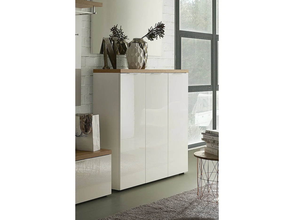 Dmora - Scarpiera Aspidistra, 122x34h115 cm, Bianco lucido e Rovere