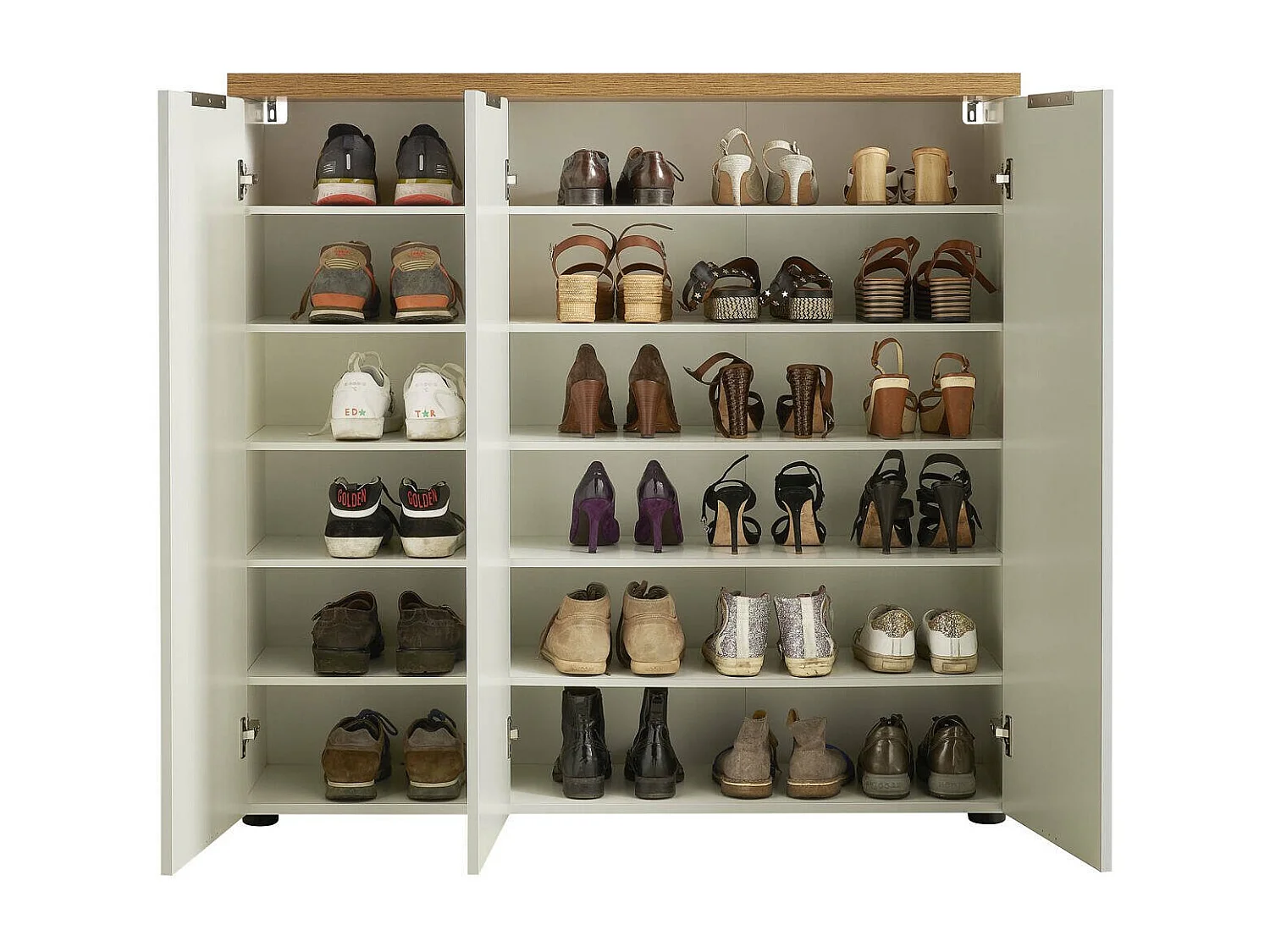 Dmora - Scarpiera Aspidistra, 122x34h115 cm, Bianco lucido e Rovere