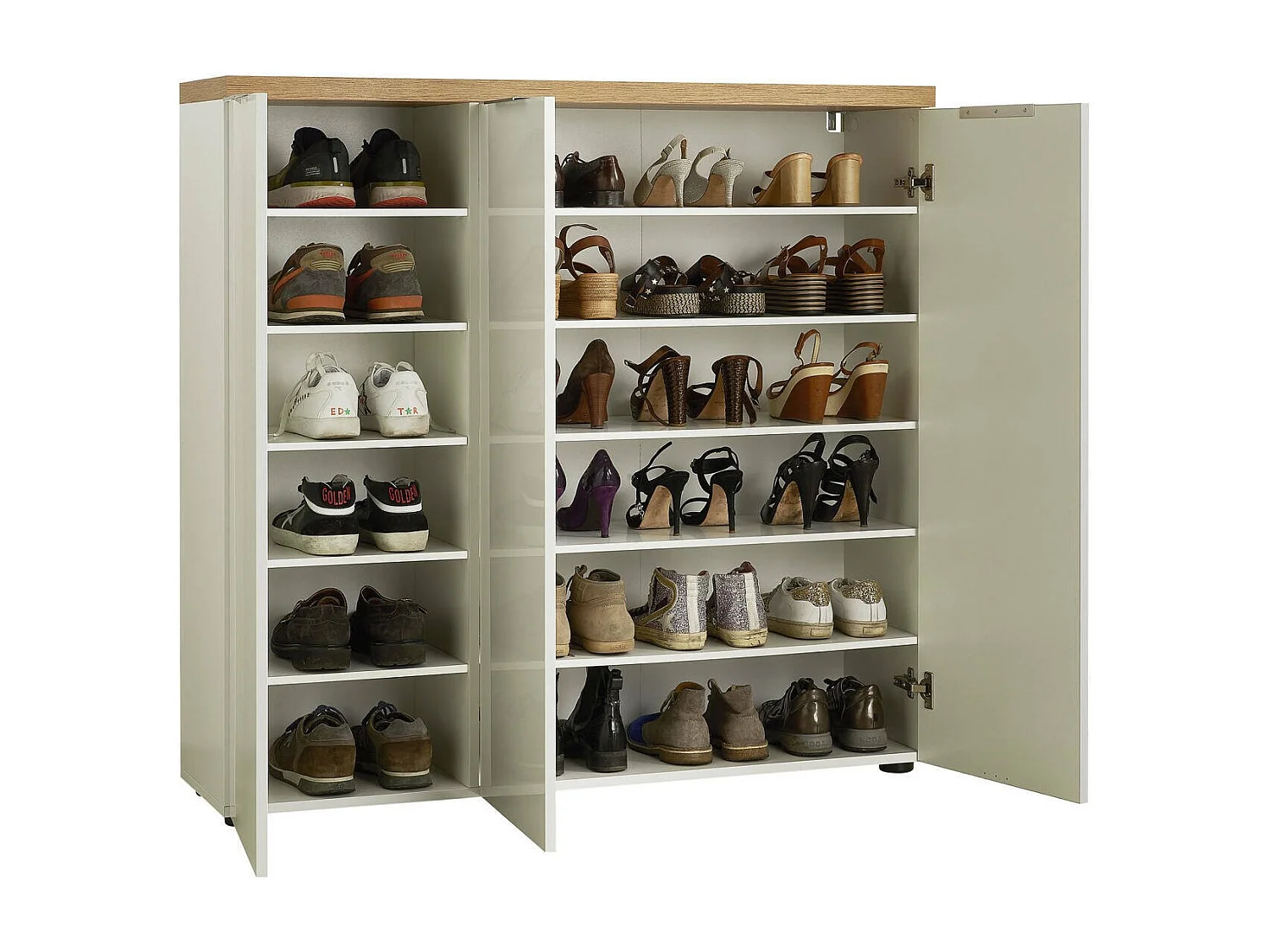 Dmora - Scarpiera Aspidistra, 122x34h115 cm, Bianco lucido e Rovere