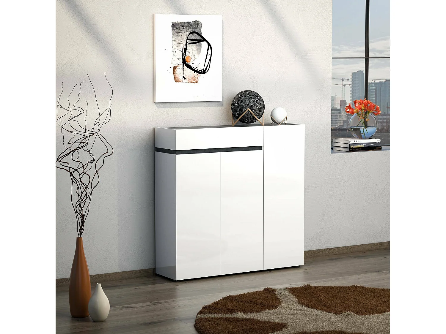 Meuble à chaussures Joji, 26 paires, fabriqué en Italie, 120x34x115h cm blanc laqué, armoire à chaussures, un tiroir, 10 étagères