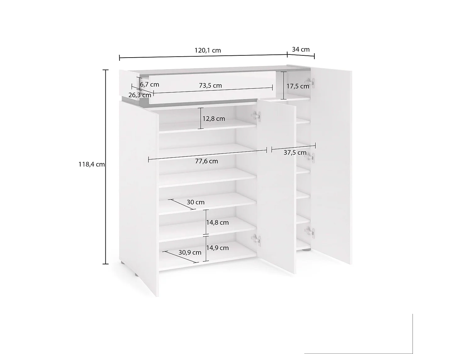Meuble à chaussures Joji, 26 paires, fabriqué en Italie, 120x34x115h cm blanc laqué, armoire à chaussures, un tiroir, 10 étagères