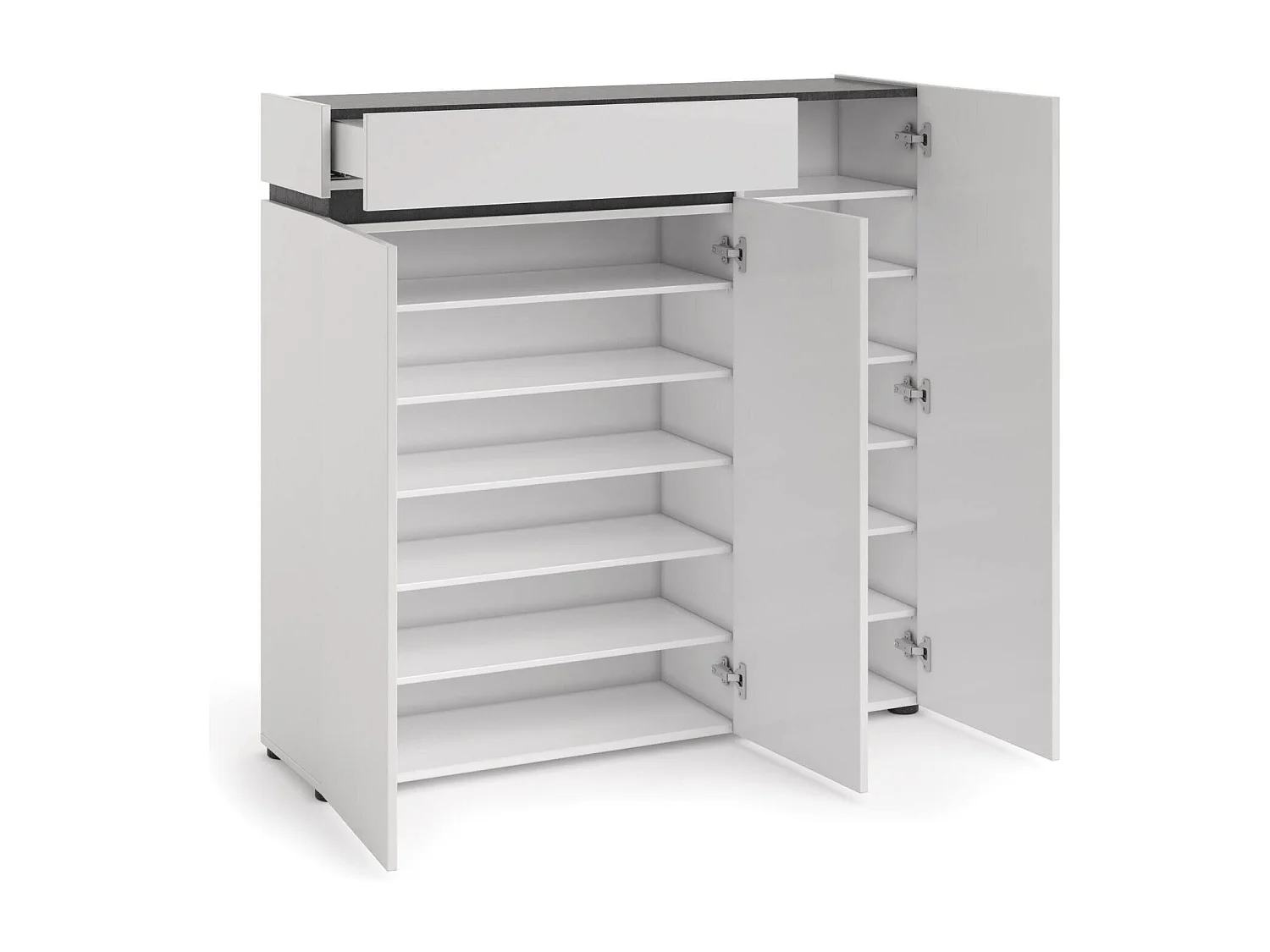 Meuble à chaussures Joji, 26 paires, fabriqué en Italie, 120x34x115h cm blanc laqué, armoire à chaussures, un tiroir, 10 étagères