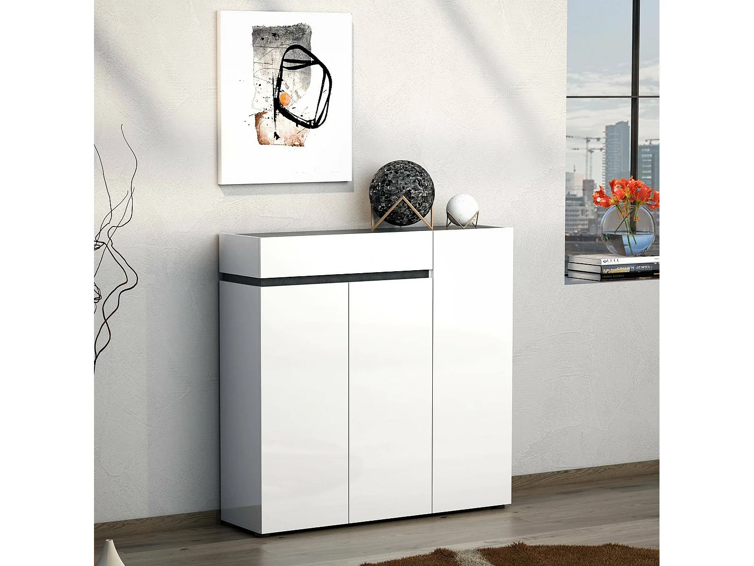 Meuble à chaussures Joji, 26 paires, fabriqué en Italie, 120x34x115h cm blanc laqué, armoire à chaussures, un tiroir, 10 étagères