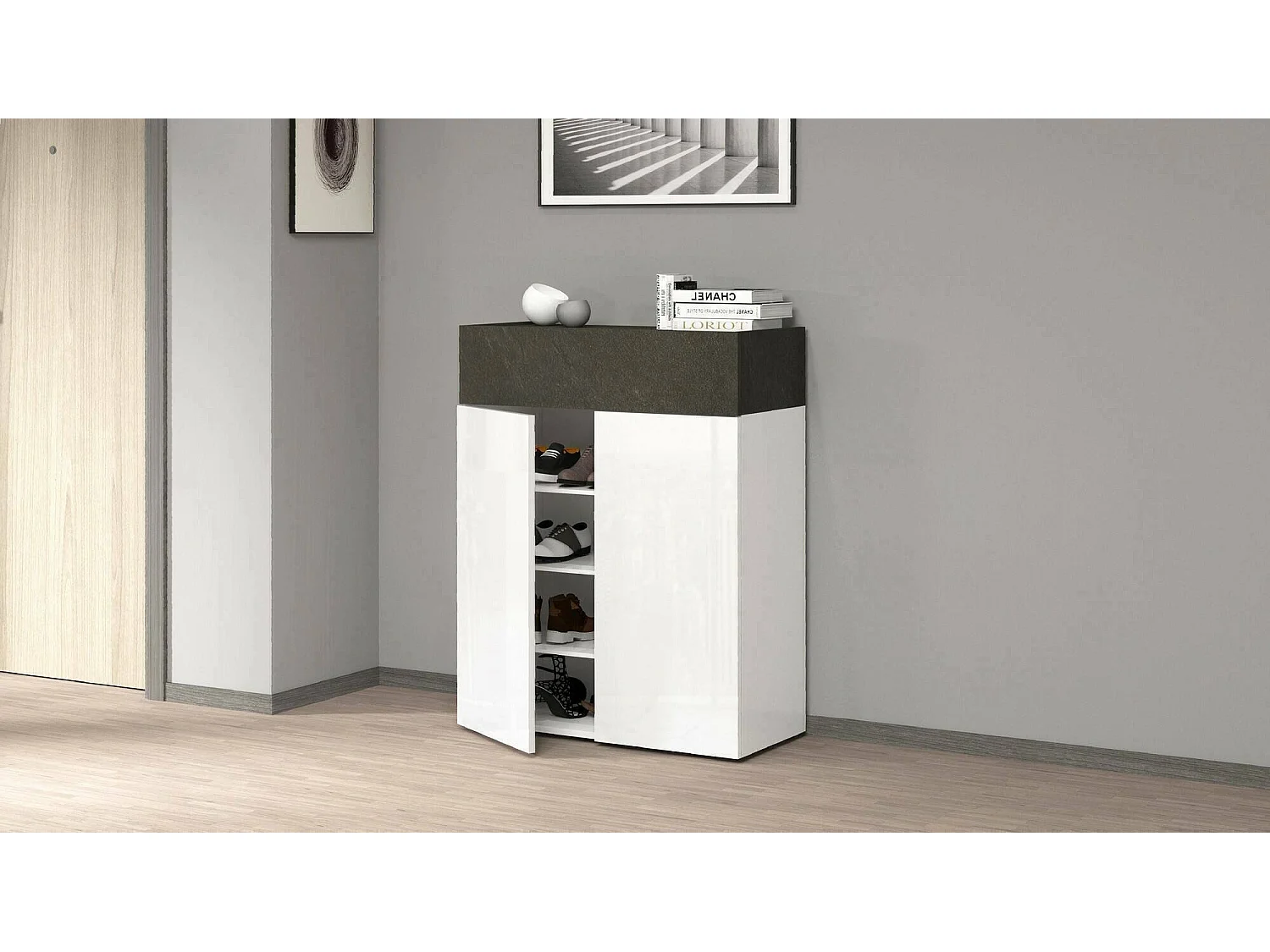 Schuhregal Oliviero, platzsparendes schuhregal mit 3 türen, multifunktionale eingangsgarderobe, 76x38h100 cm, WeiÃŸ und Schiefer