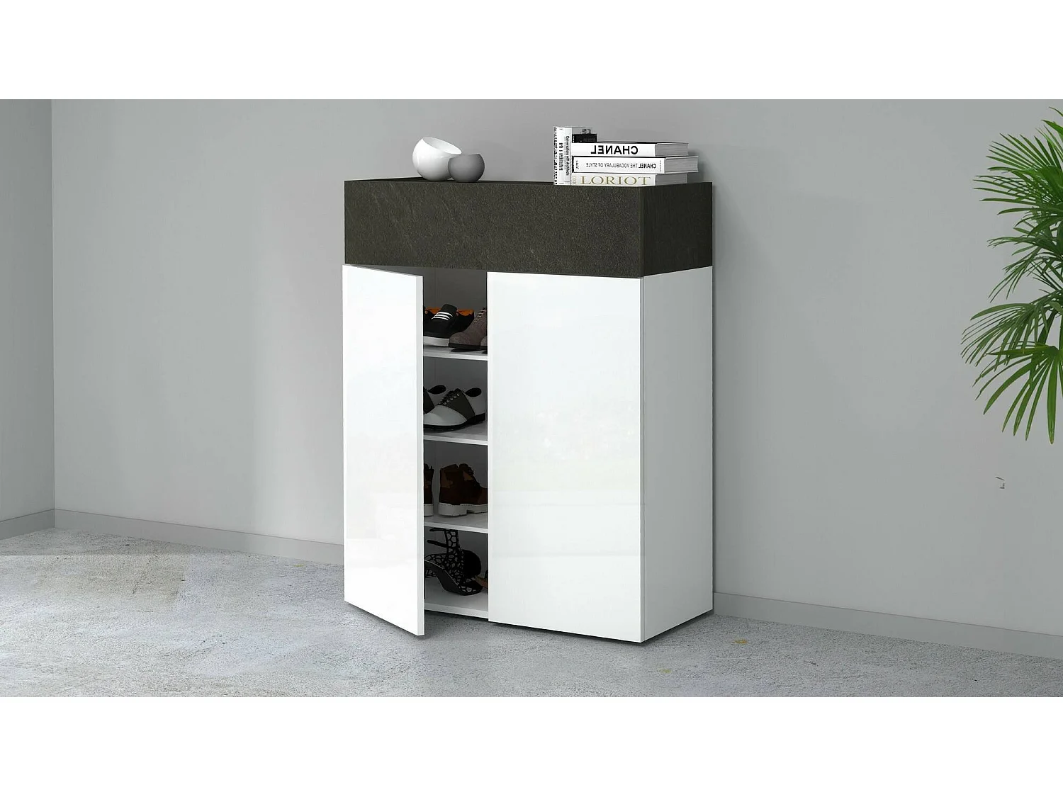 Schuhregal Oliviero, platzsparendes schuhregal mit 3 türen, multifunktionale eingangsgarderobe, 76x38h100 cm, WeiÃŸ und Schiefer