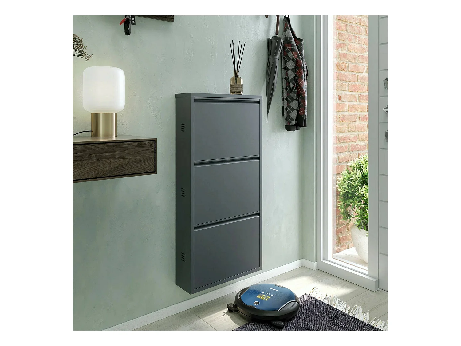Meuble à chaussures Eliseo, Meuble à chaussures en métal, Armoire d'entrée polyvalente, Rangement pour chaussures, 50x15h104 cm, Noir