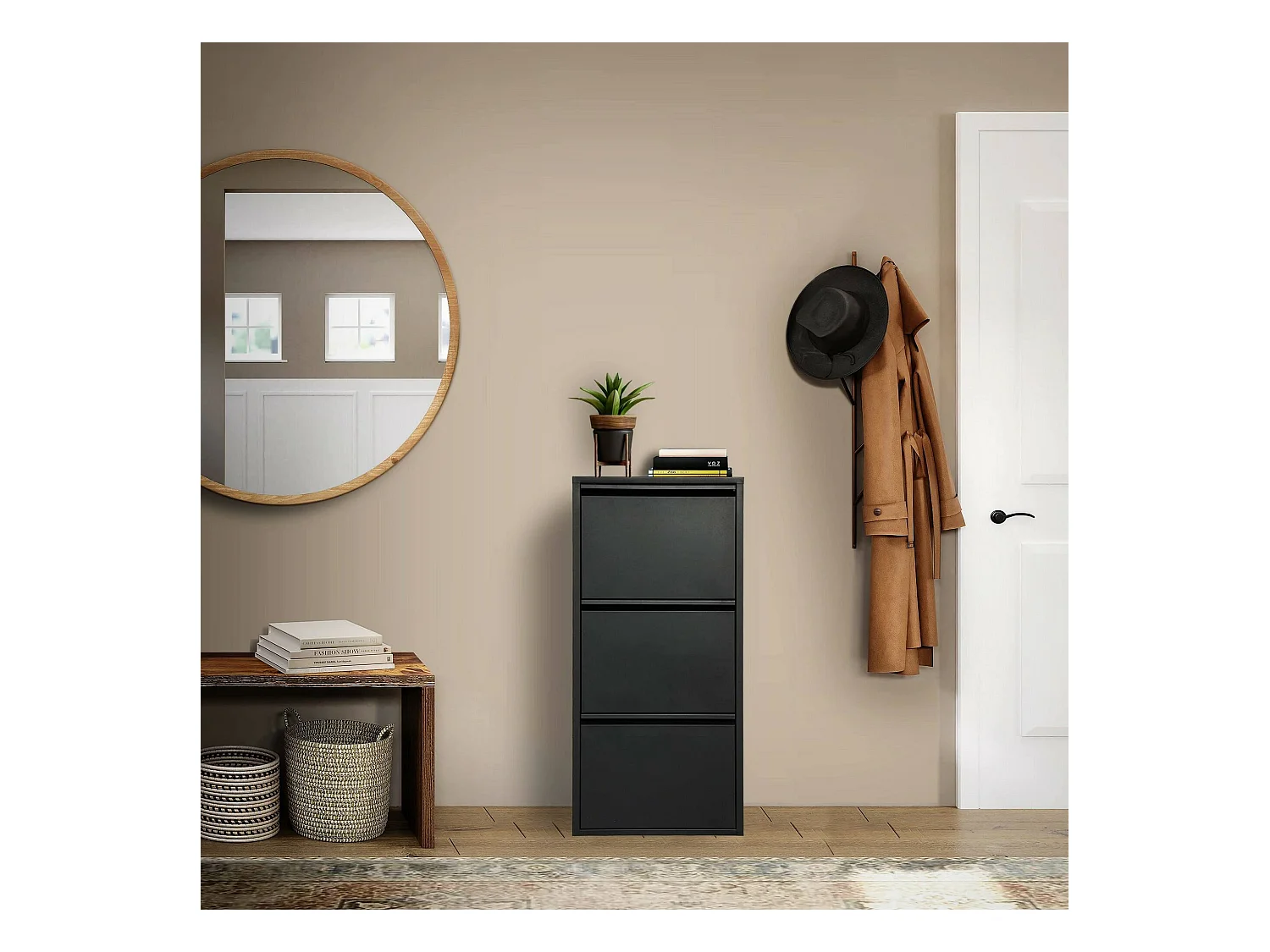 Meuble à chaussures Eliseo, Meuble à chaussures en métal, Armoire d'entrée polyvalente, Rangement pour chaussures, 50x15h104 cm, Noir