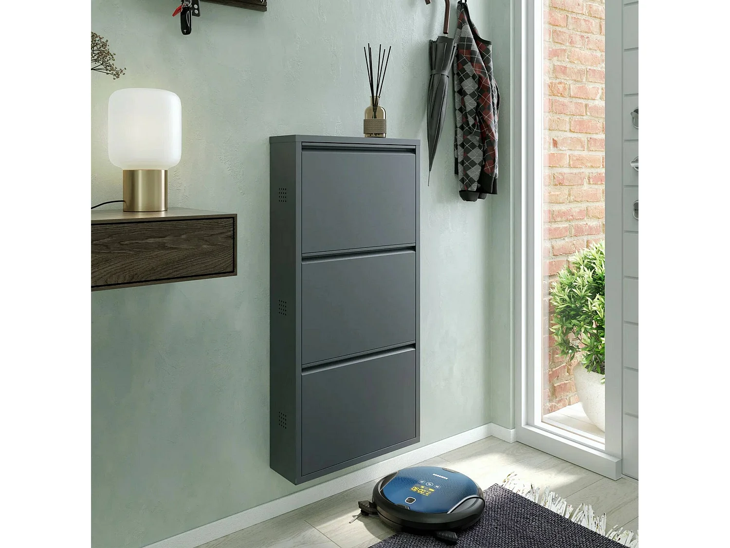 Meuble à chaussures Eliseo, Meuble à chaussures en métal, Armoire d'entrée polyvalente, Rangement pour chaussures, 50x15h104 cm, Noir