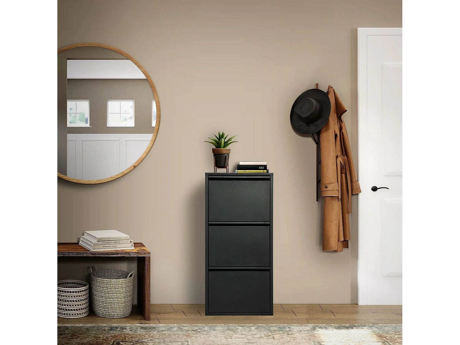 Meuble à chaussures Eliseo, Meuble à chaussures en métal, Armoire d'entrée polyvalente, Rangement pour chaussures, 50x15h104 cm, Noir