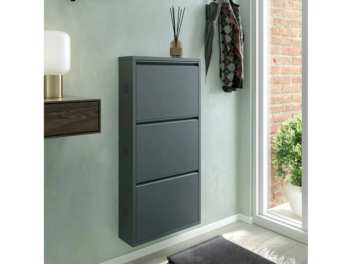 Meuble à chaussures Eliseo, Meuble à chaussures en métal, Armoire d'entrée polyvalente, Rangement pour chaussures, 50x15h104 cm, Noir