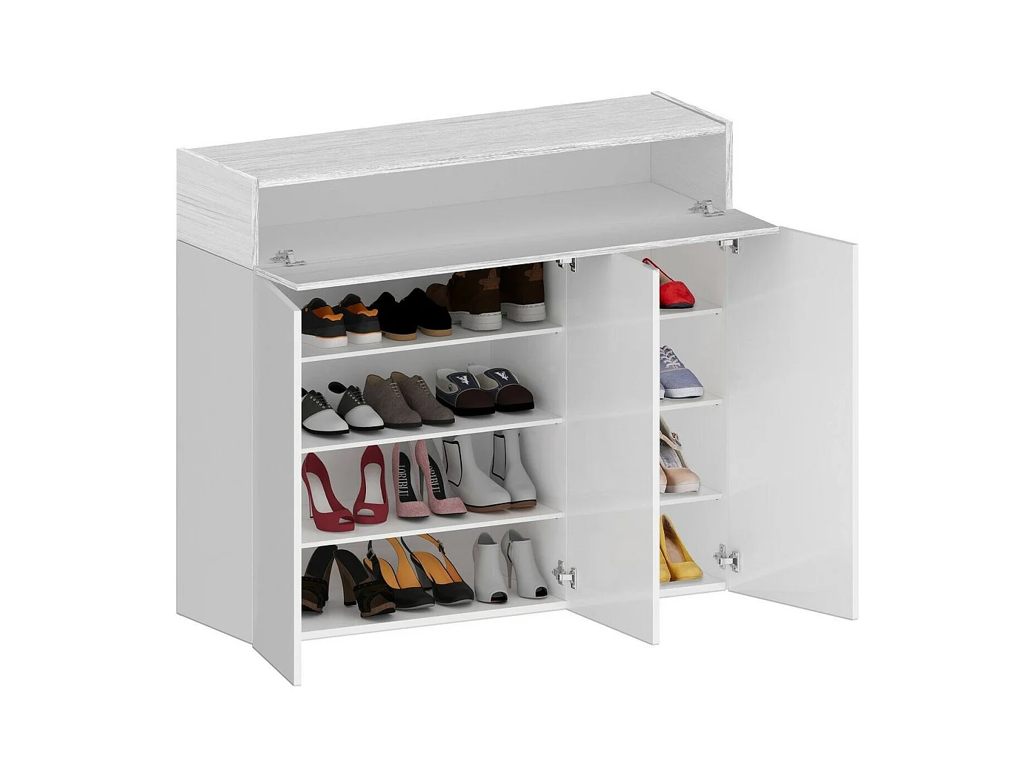 Étagère à chaussures Nick, meuble à chaussures peu encombrant à 4 portes, armoire d'entrée multifonctionnelle, 114x38h100 cm, effet mélèze blanc