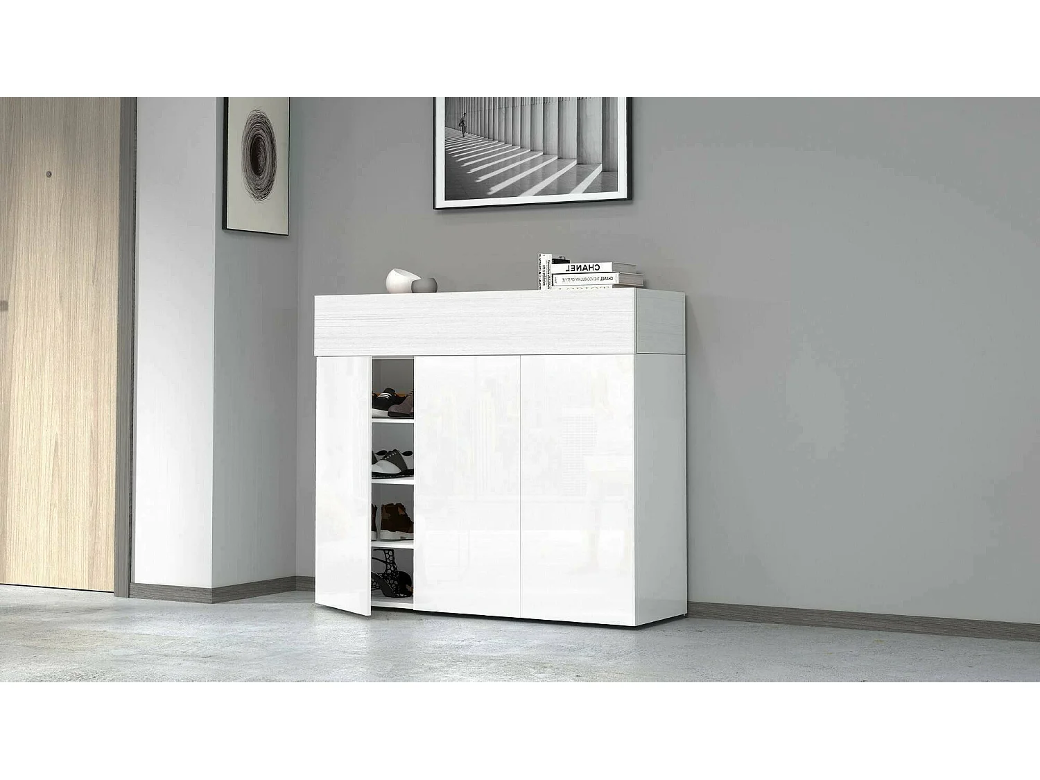 Dcanestrell Schoenenrek, 4-deurs Ruimtebesparend Schoenenrek, Multifunctionele Entree Garderobe, 114x38h100 cm, Lariks Effect Wit