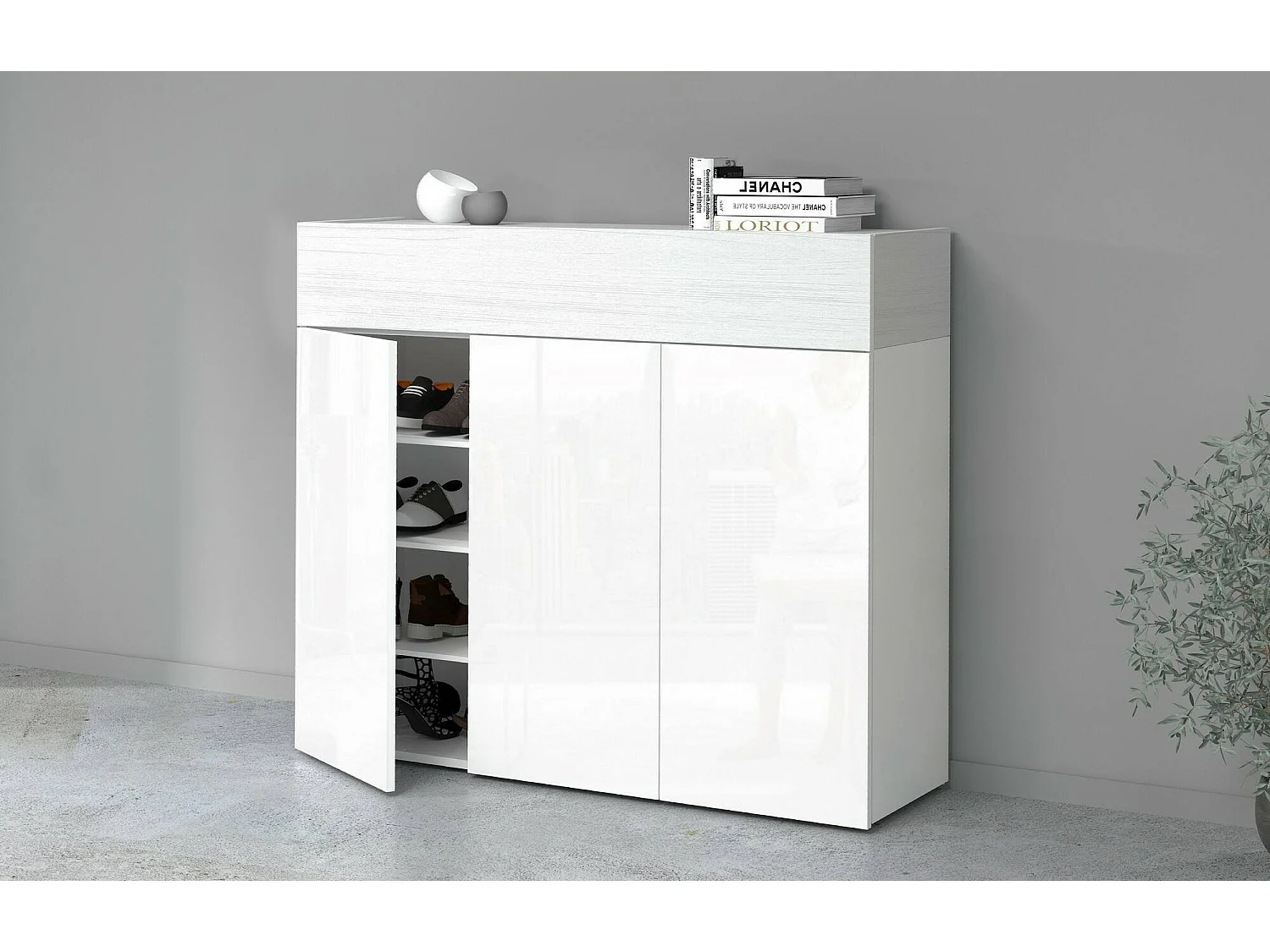 Dcanestrell Schoenenrek, 4-deurs Ruimtebesparend Schoenenrek, Multifunctionele Entree Garderobe, 114x38h100 cm, Lariks Effect Wit