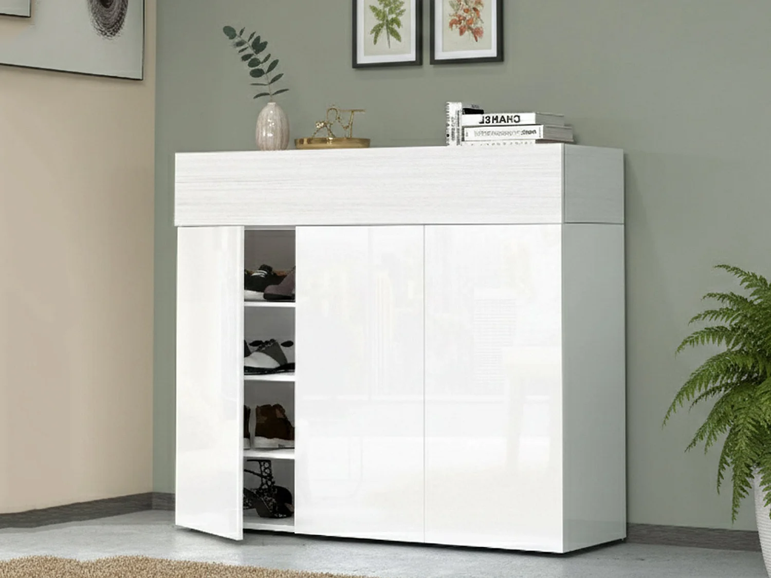 Dcanestrell Schoenenrek, 4-deurs Ruimtebesparend Schoenenrek, Multifunctionele Entree Garderobe, 114x38h100 cm, Lariks Effect Wit