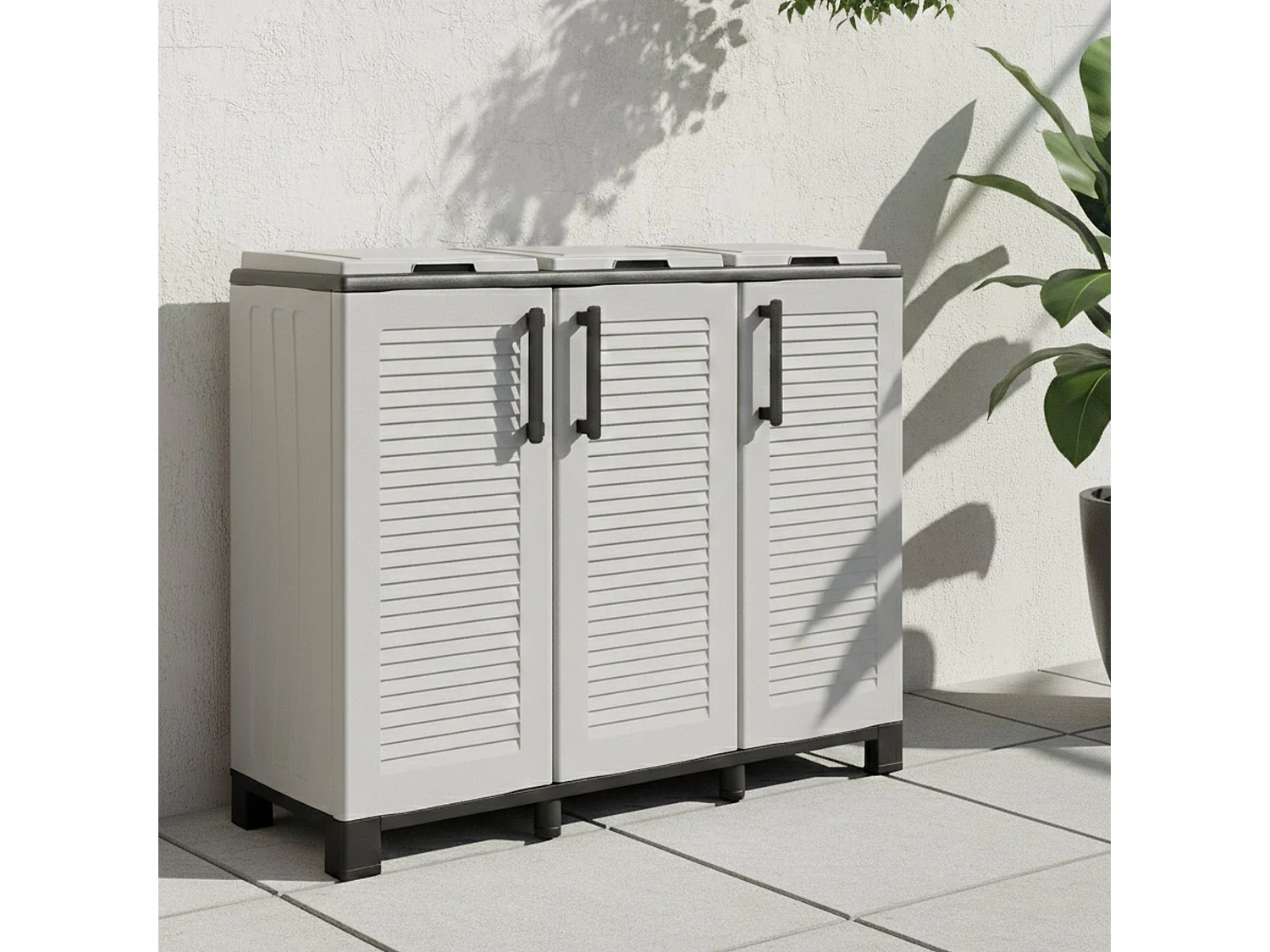 Poubelle Apix, capacité 330 (110 par sac), fabriquée en Italie, 102x37x90h cm, gris clair, 3 bacs, structure noire
