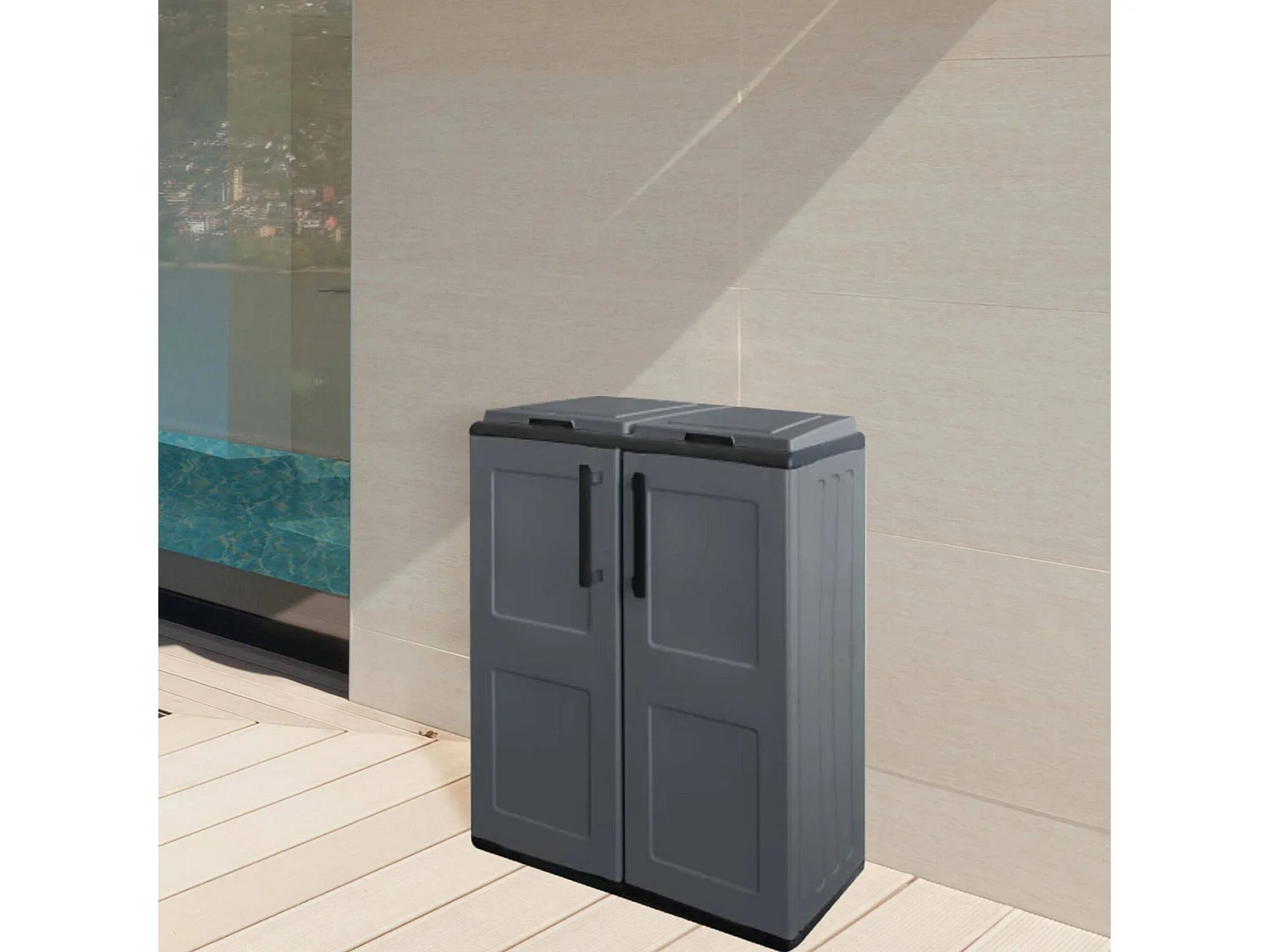 Poubelle Aarschot, poubelle, poubelle de recyclage 2 portes, 100% Made in Italy, 68x37h84 cm, Gris et Noir, finition carrée